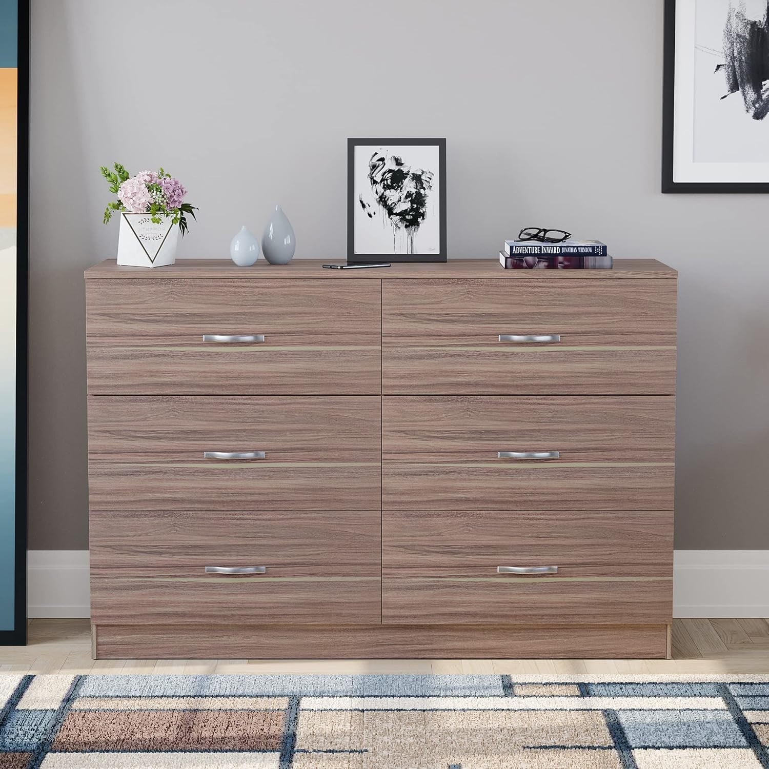Walnut 6 Drawer Chest Bedroom Storage Unit Sliding Drawers Flatpack