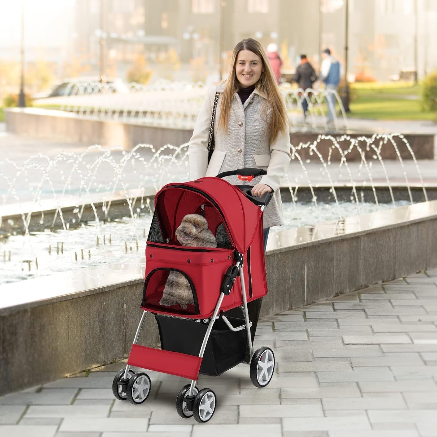 Pet Stroller Foldable Dog Cat Pushchair Lockable Wheels Canopy 15kg
