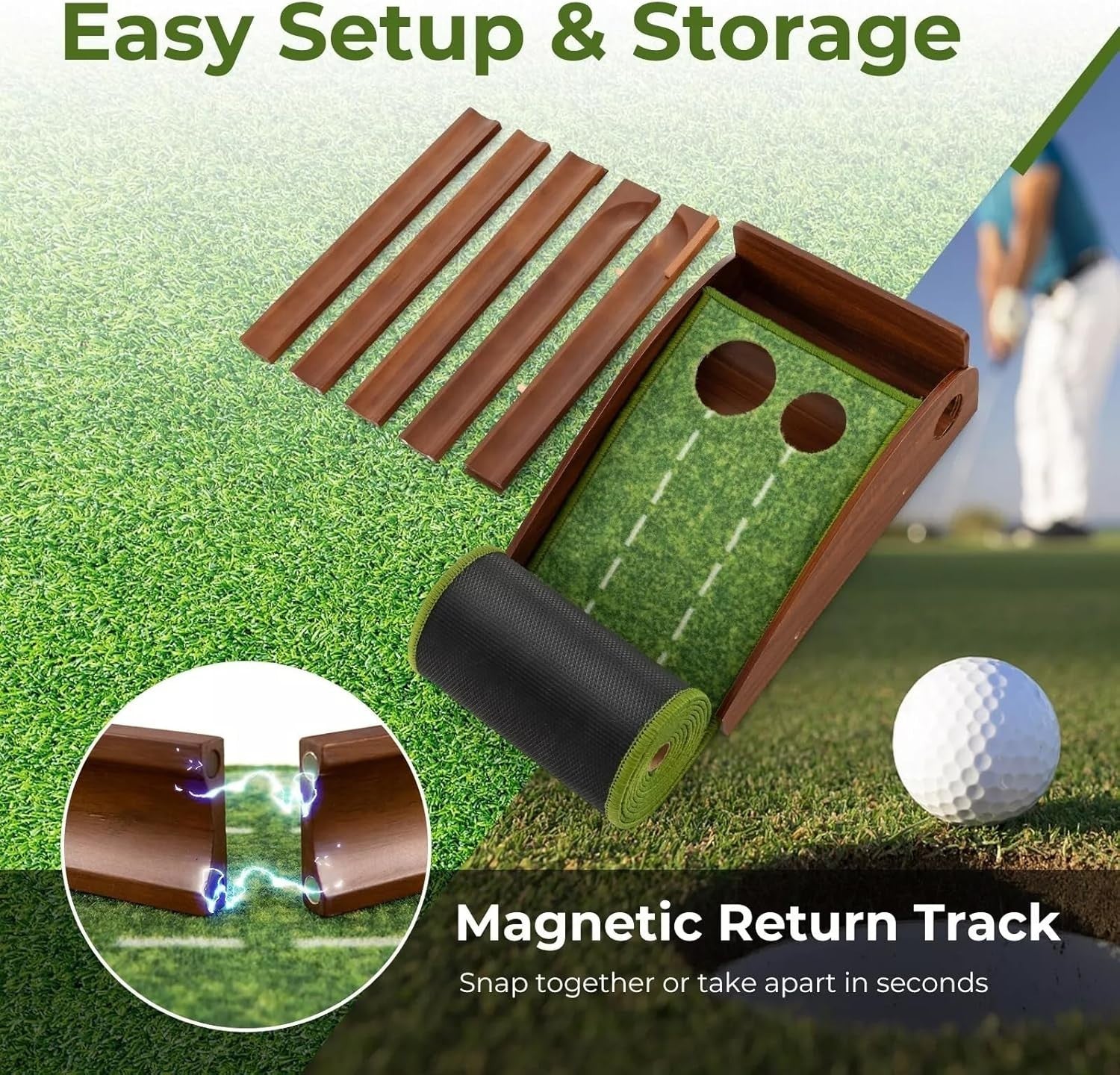 Indoor Golf Putting Mat Set 102in w Putter Balls Auto Return Practice Green