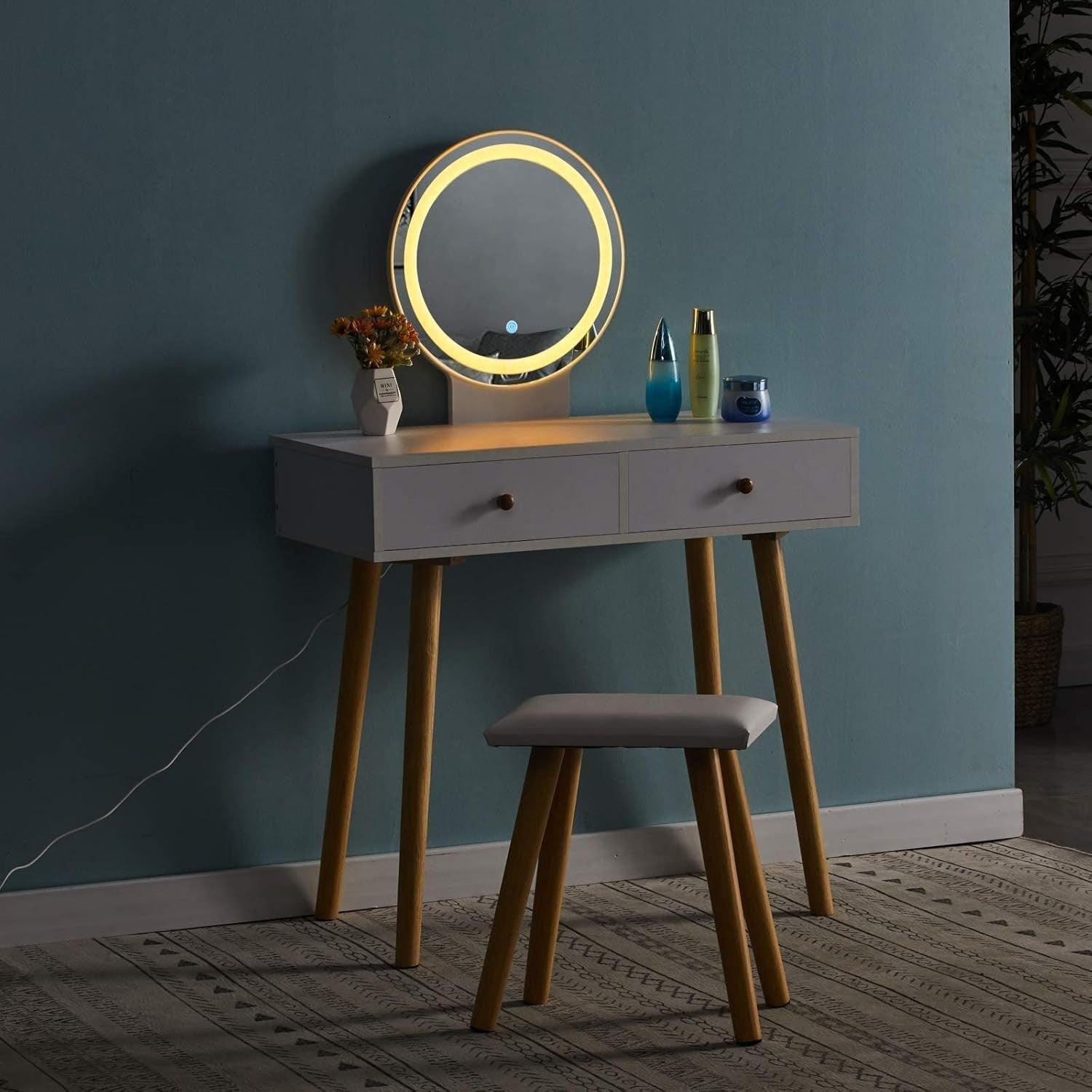 Modern Dressing Table Vanity Set LED Mirror Stool White Wood 2 Drawer Makeup Des