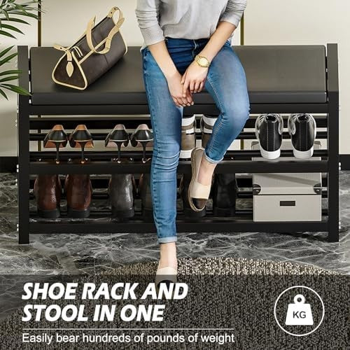 3-Tier Shoe Rack with Padded Seat Modern Entryway Bench Storage Shelf