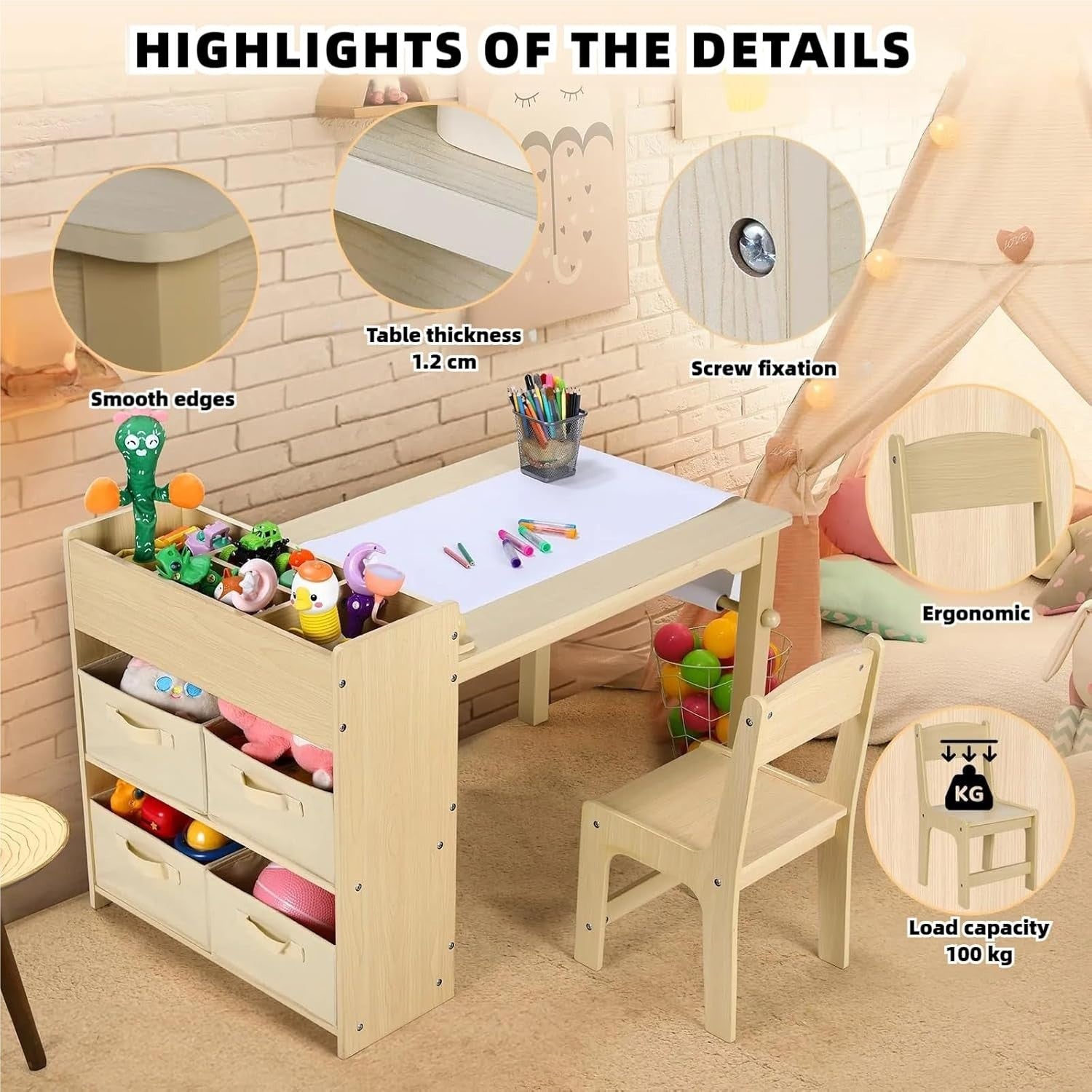 Kids Art Table and Chair Set with Storage Boxes Paper Roll Holder Drawing Desk