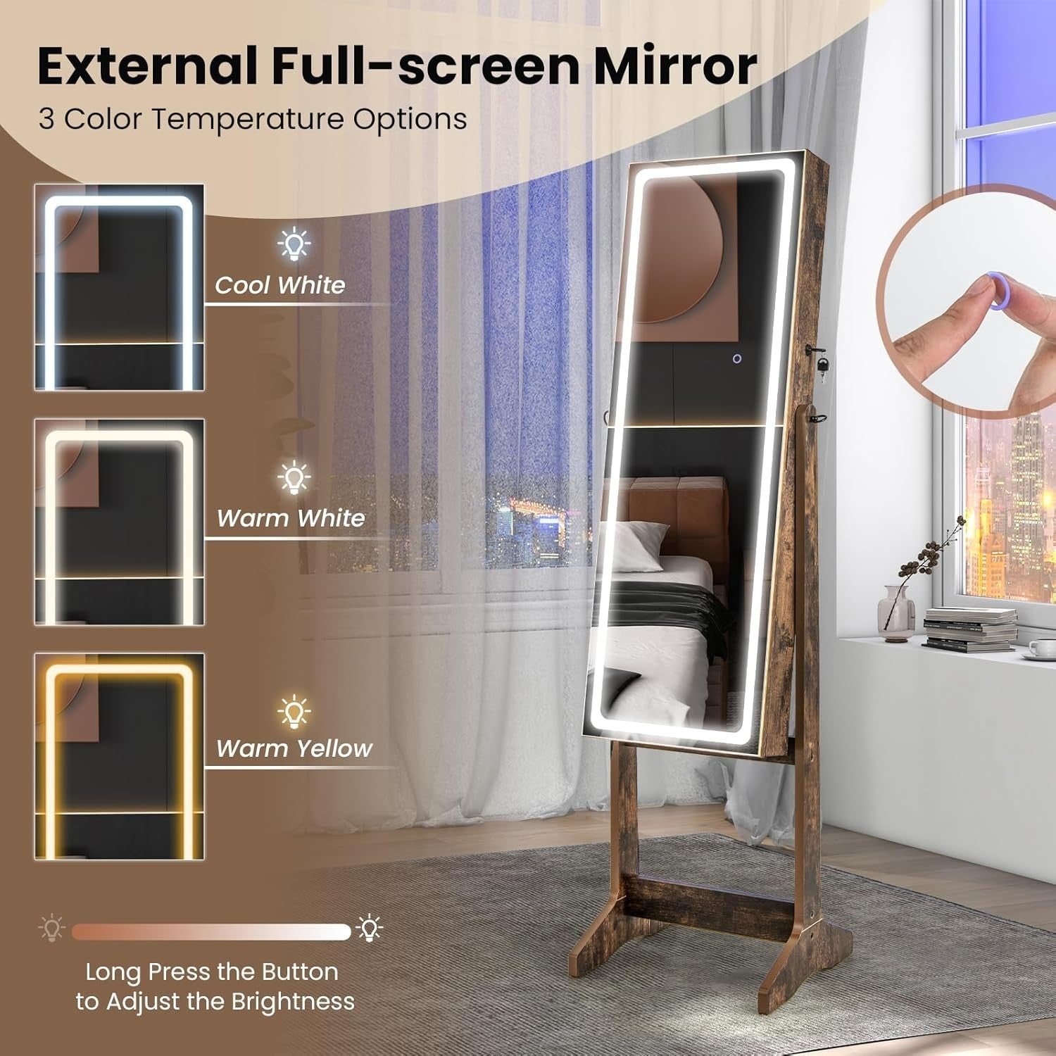 Rustic Brown LED Jewellery Armoire Adjustable Full Length Mirror Lockable