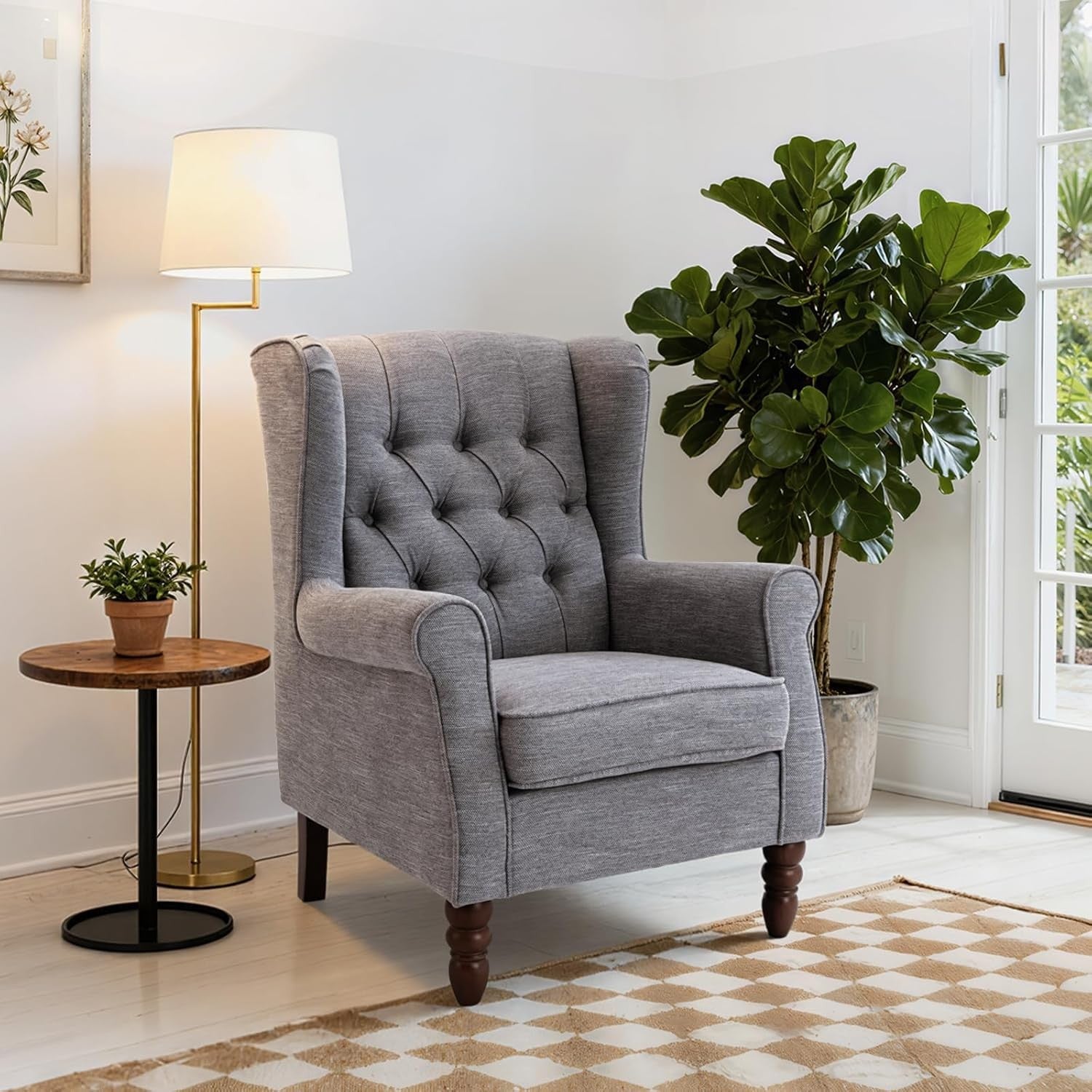 Grey Wingback Accent Armchair Button Tufted Fabric Lounge Chair