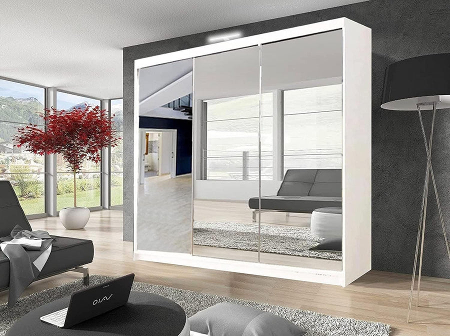 White Sliding Wardrobe 250cm LED Light 3 Doors Shelves Modern Storage