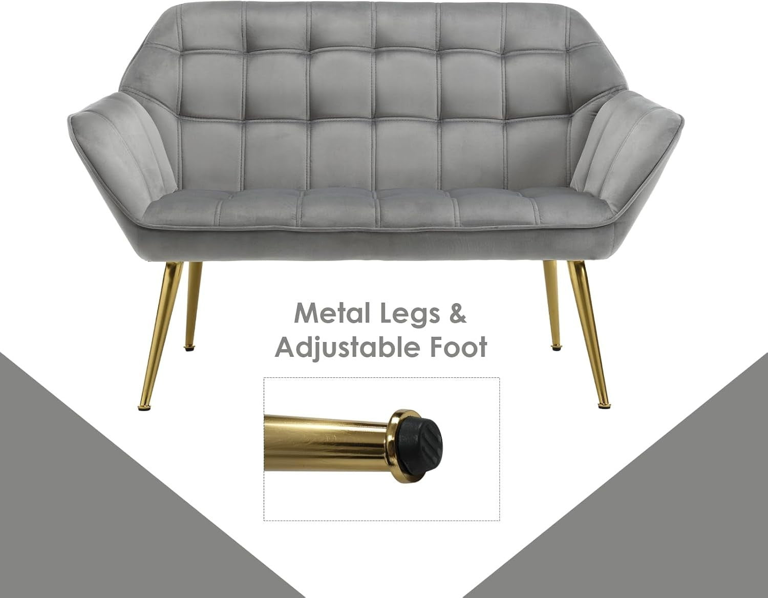 2 Seater Grey Velvet Sofa Loveseat Chair Metal Legs Modern Armchair