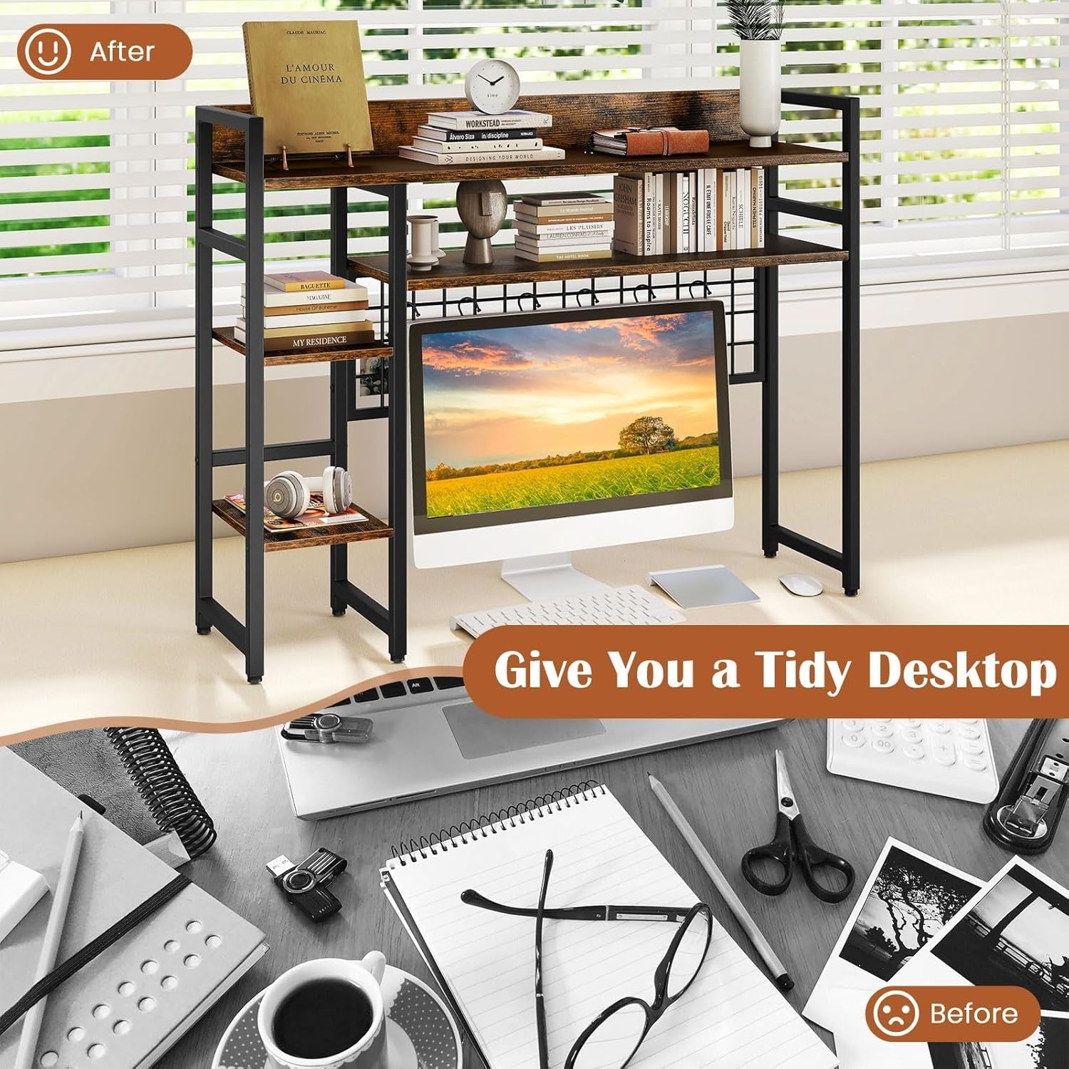 4-Tier Rustic Desktop Hutch Bookshelf Monitor Stand with Hooks Desk Organizer