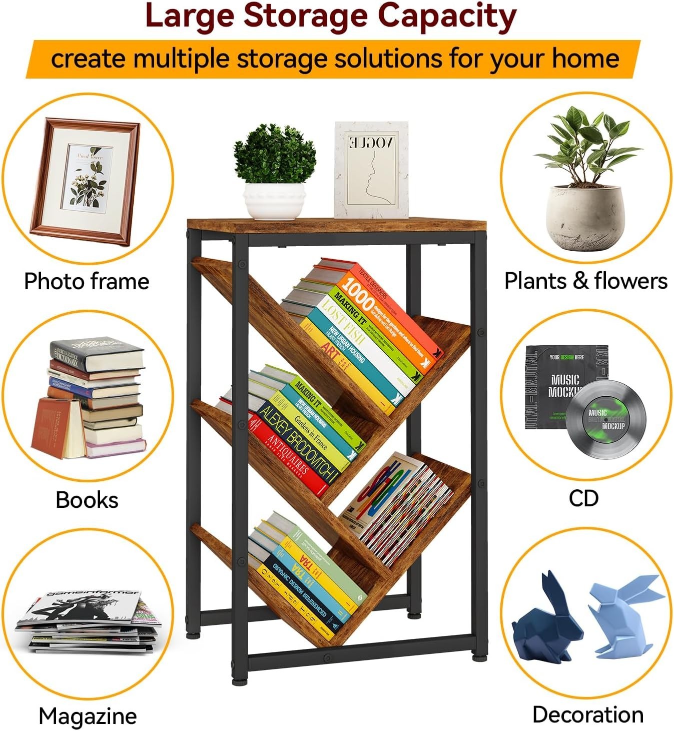 5-Tier Rustic Brown Tree Bookshelf Small Desktop Storage Organizer