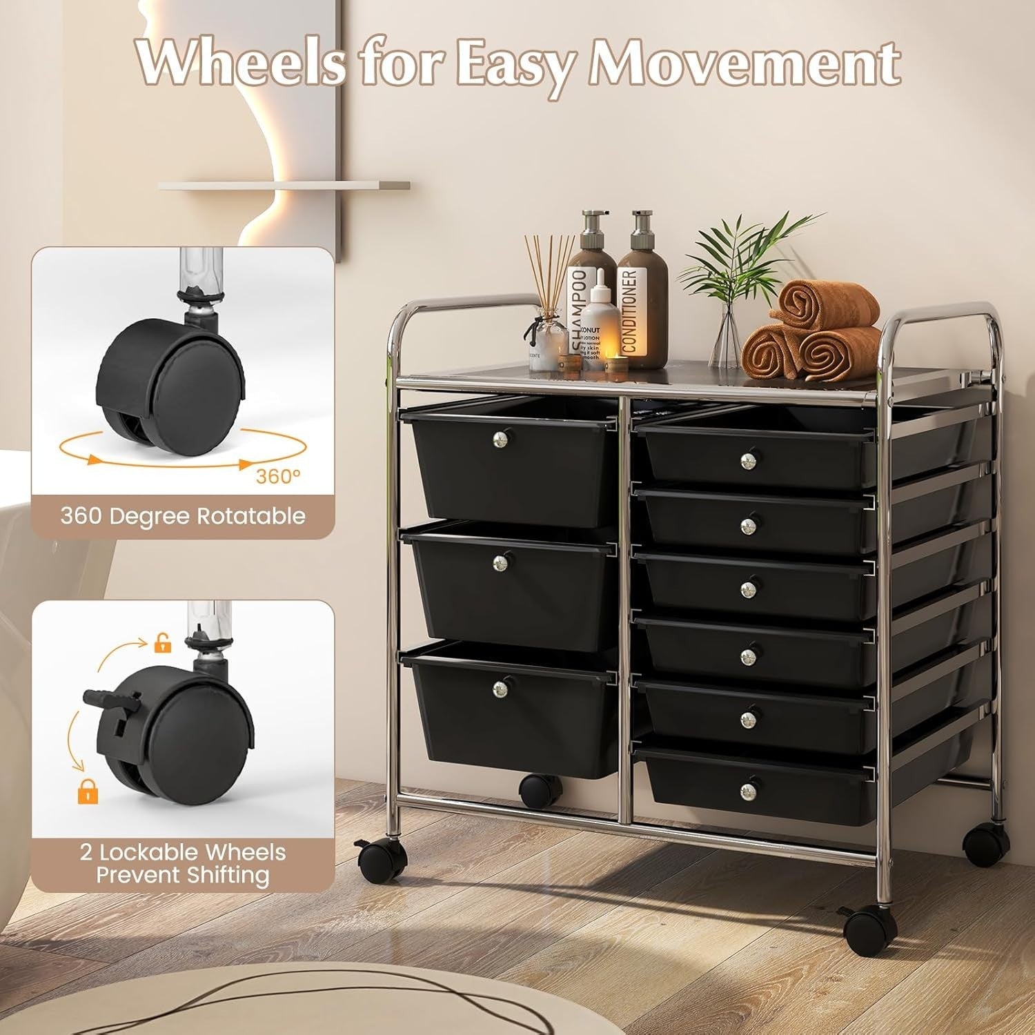 9 Drawer Rolling Storage Organizer Cart Utility Trolley Black
