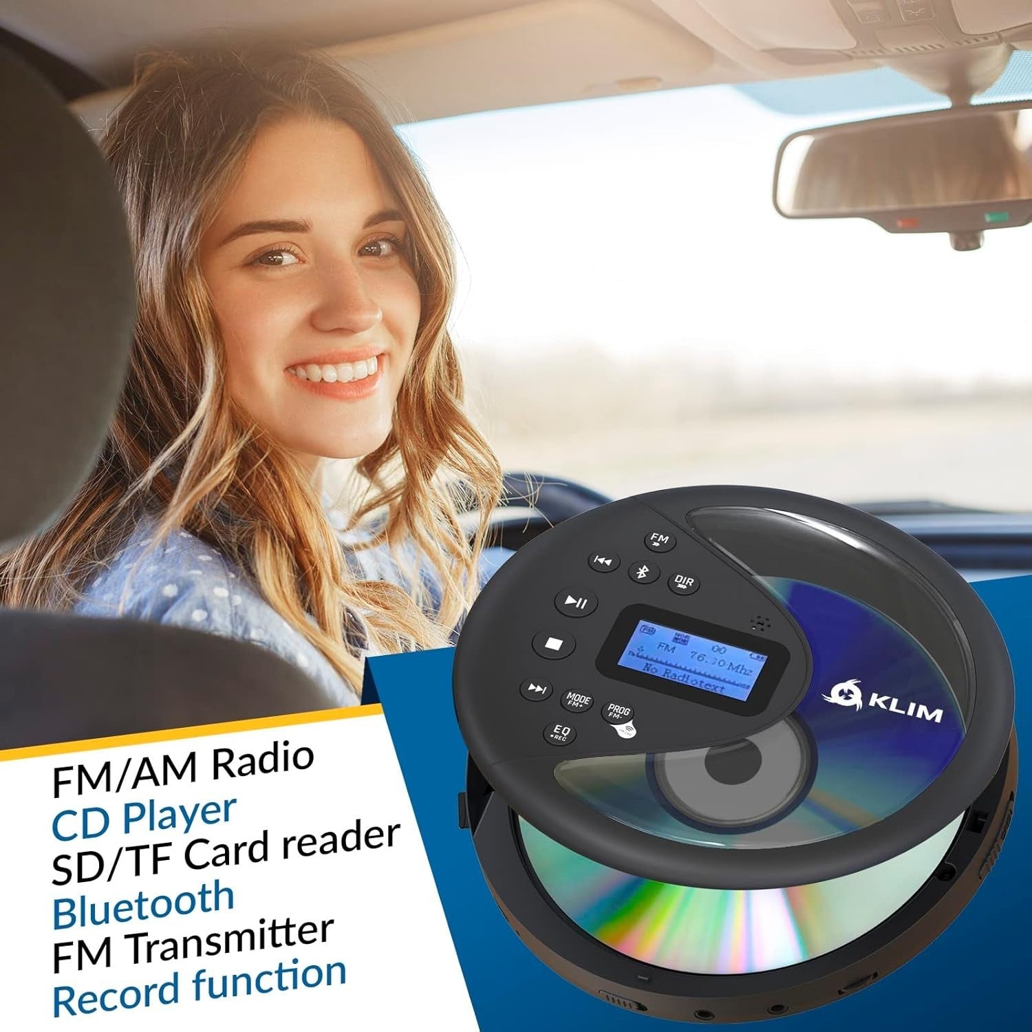 Portable CD Player for Car Bluetooth FM Transmitter SD Card w/ Headphones