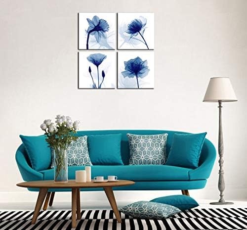 Blue Abstract Flower Canvas Wall Art Set Modern Floral Bedroom Office Decor