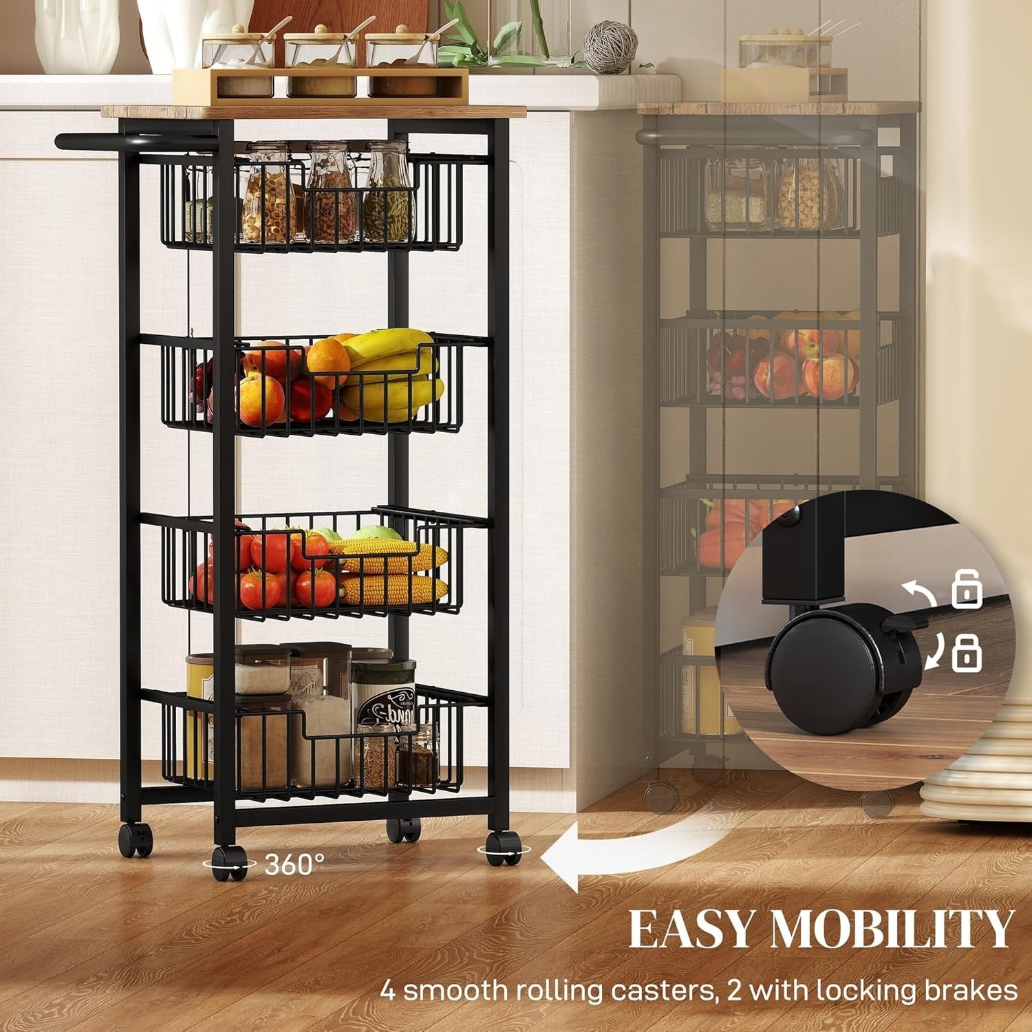 4 Tier Rolling Kitchen Storage Trolley Cart Mesh Baskets Oak