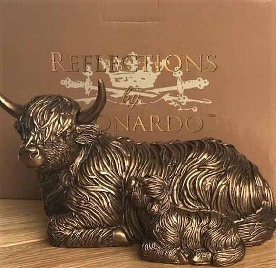 Bronzed Highland Cow & Calf Ornament | Rustic Farmhouse Resin Figurine Decor
