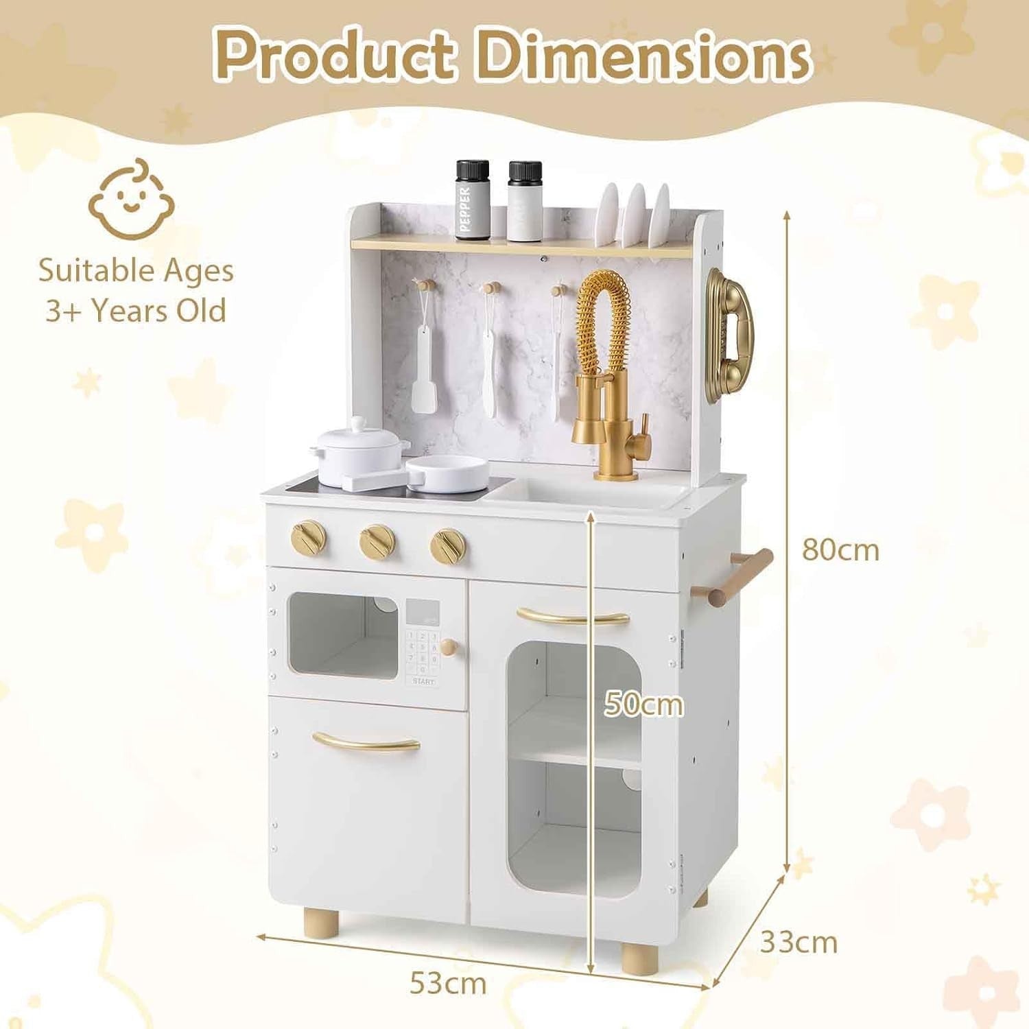Wooden Kids Play Kitchen White Toy Set Microwave Oven Telephone