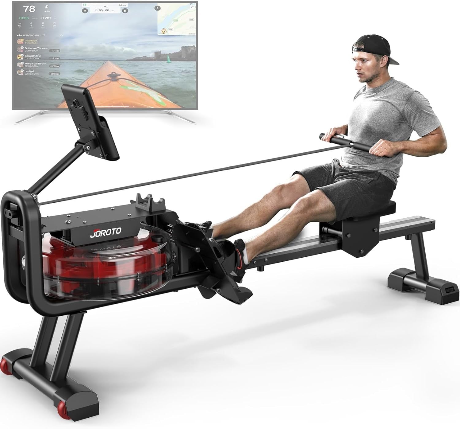 Foldable Water Rowing Machine Quiet Bluetooth 300LB Home Rower with LCD & Holder