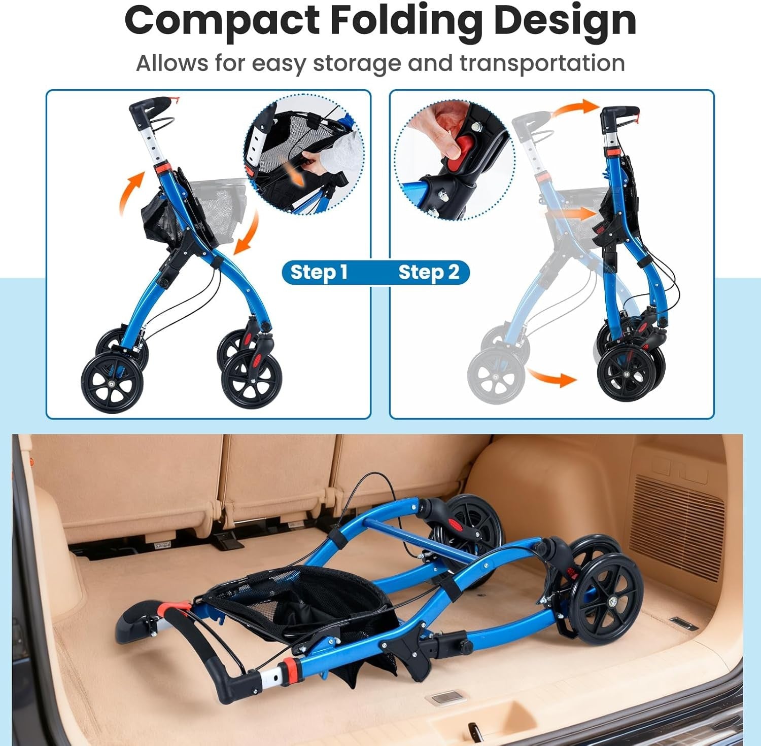 Lightweight Folding Rollator Walker 4 Wheel Basket Brakes Narrow Blue