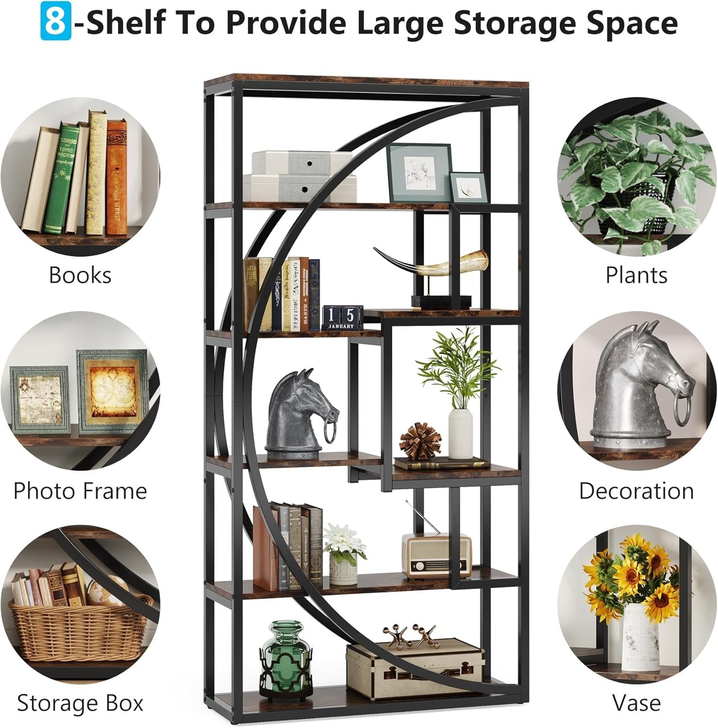 Pair of Tall Industrial 5-Tier Bookshelves with 8 Open Shelves – Vintage Brown/B