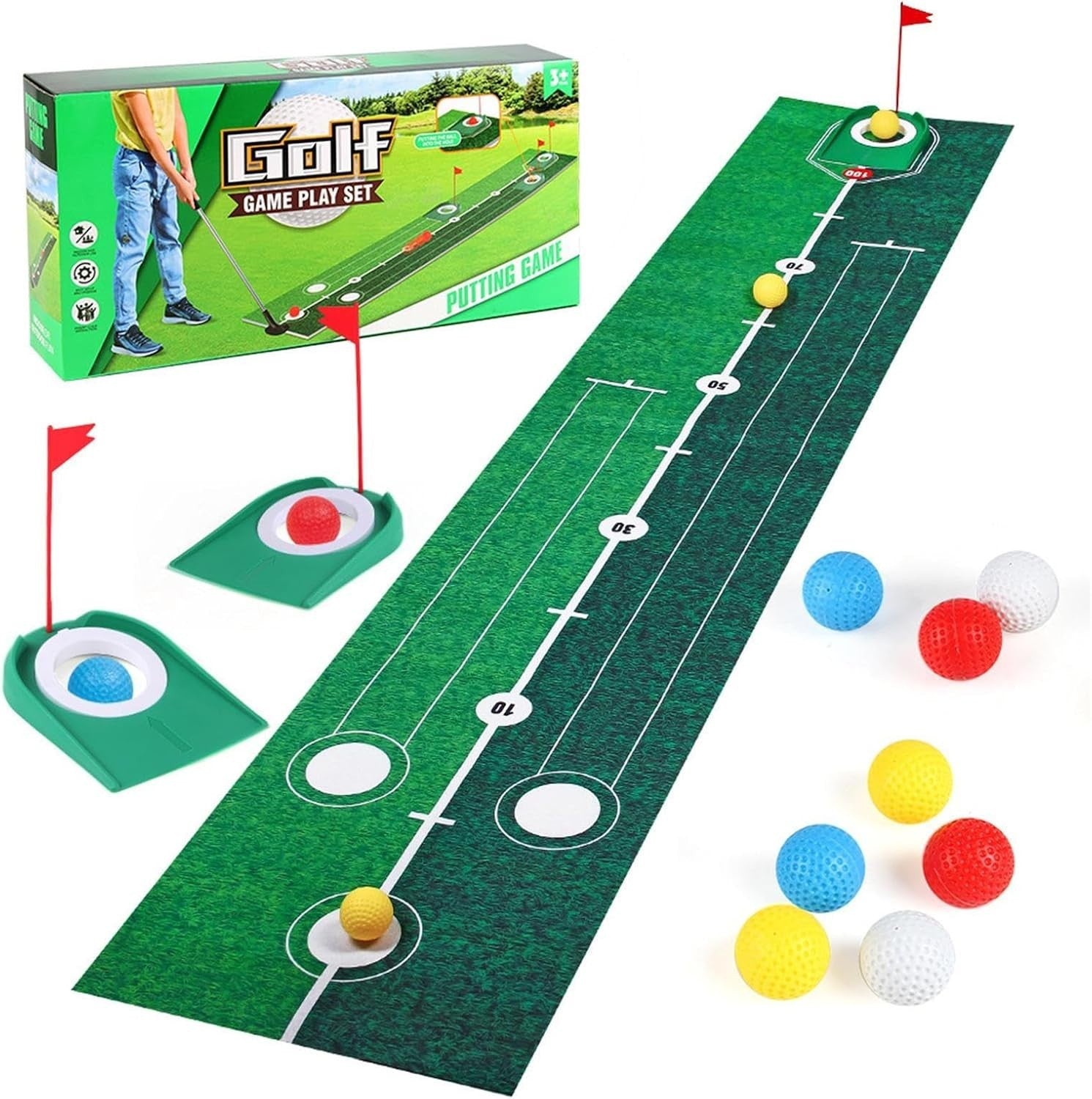Golf Putting Mat Indoor Outdoor Practice Set w Balls Flags Cups Training