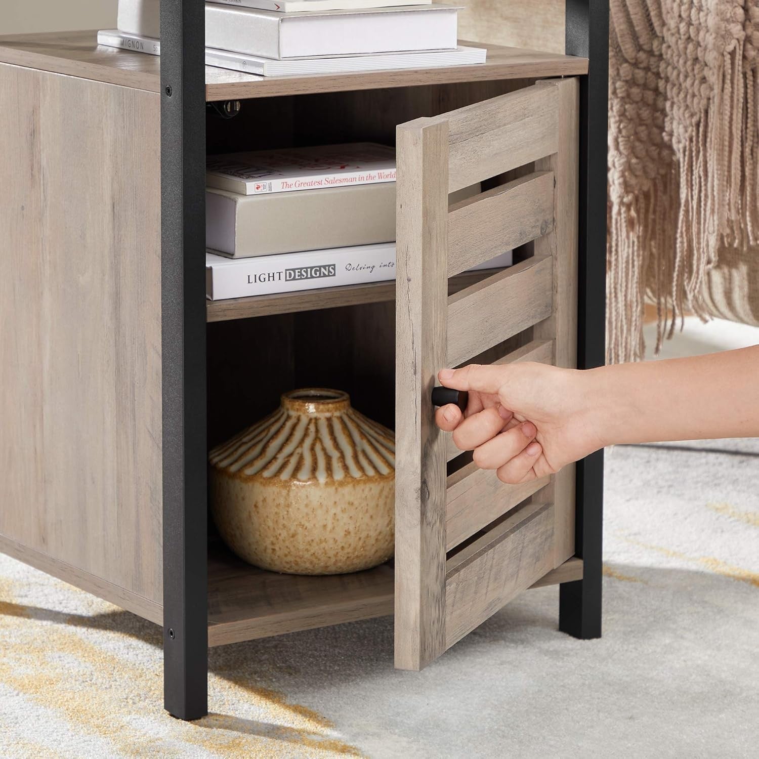 Greige Industrial Bedside Table with Adjustable Shelf & Slatted Drawer