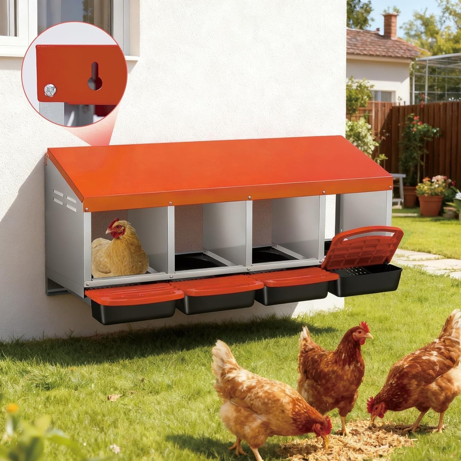 4 Chamber Galvanised Steel Chicken Nest Box Pull-Out Tray