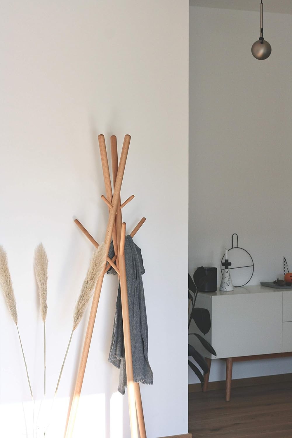 Natural Beech Wood Coat Rack Freestanding 9 Hooks Modern Tree Stand No Screws