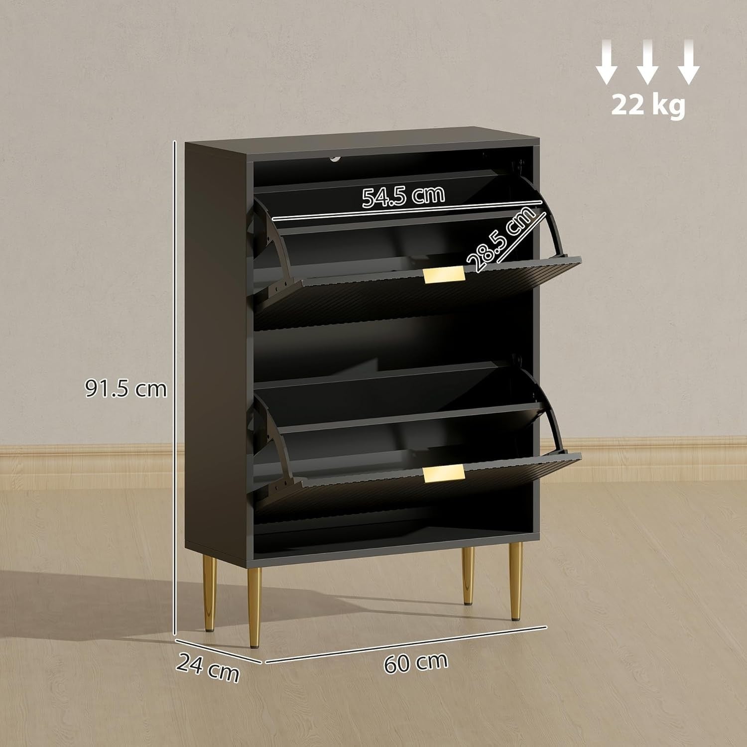 Slim Black Shoe Cabinet 2 Flip Drawers Fluted Doors Narrow Hallway Storage