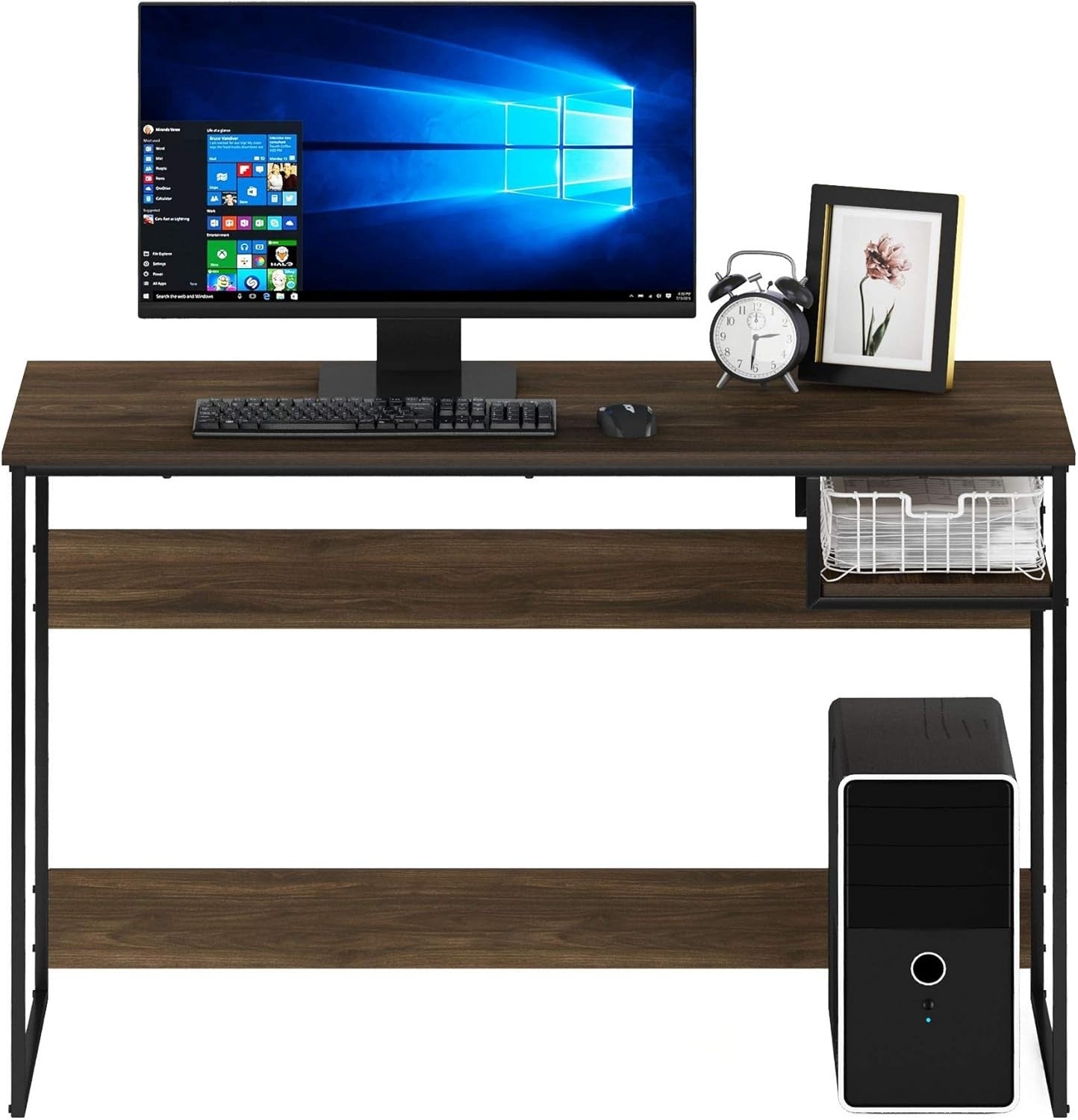 Modern Walnut Study Desk with Storage Shelf, 114x51x75cm Home Office Table