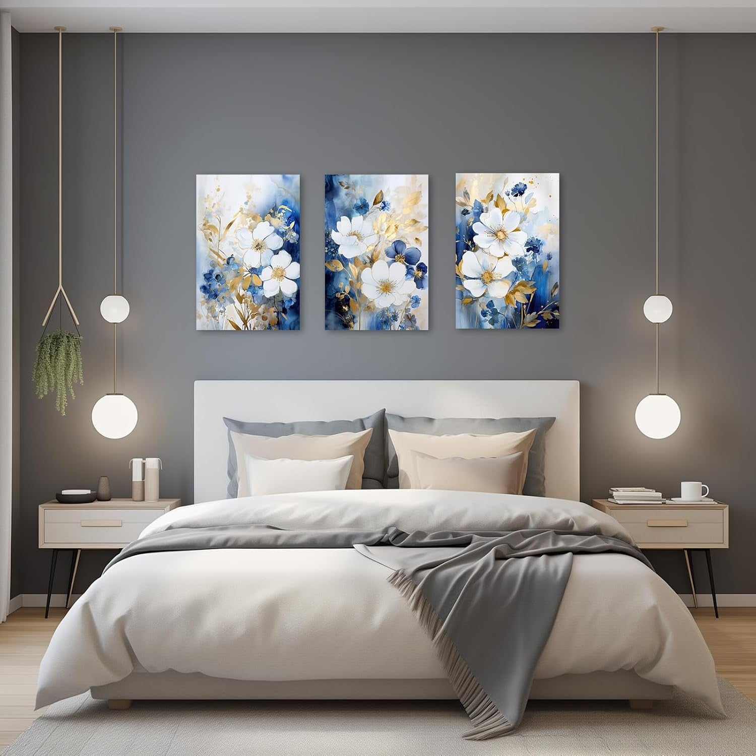 Navy Blue Floral Wall Art Set of 3 Framed 11x14in