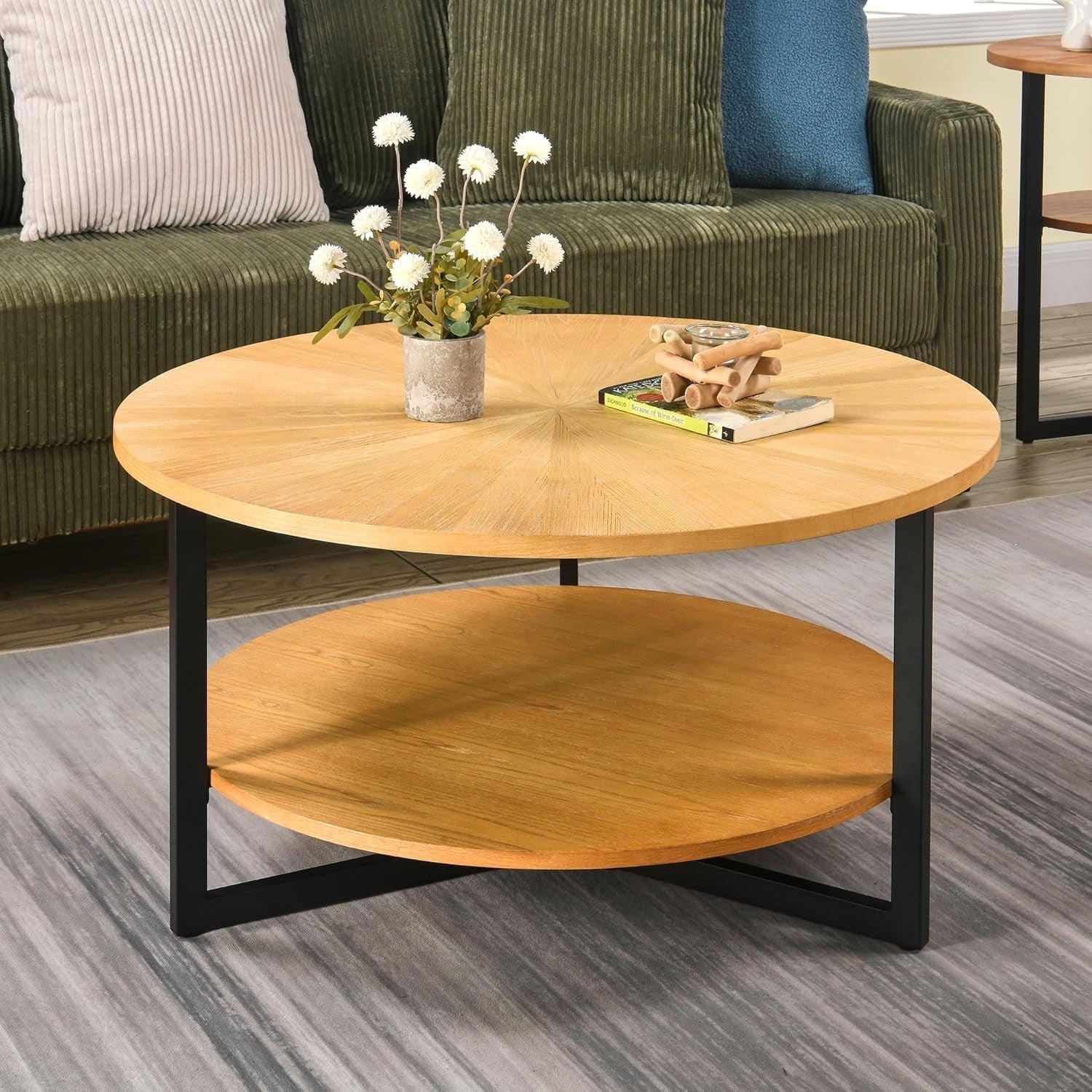 Round 2-Tier Solid Wood Coffee Table with Storage & Black Metal Legs 85cm