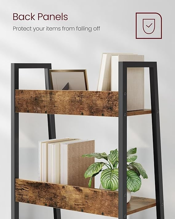5-Tier Industrial Ladder Shelf Rustic Brown Metal Frame Freestanding Bookcase