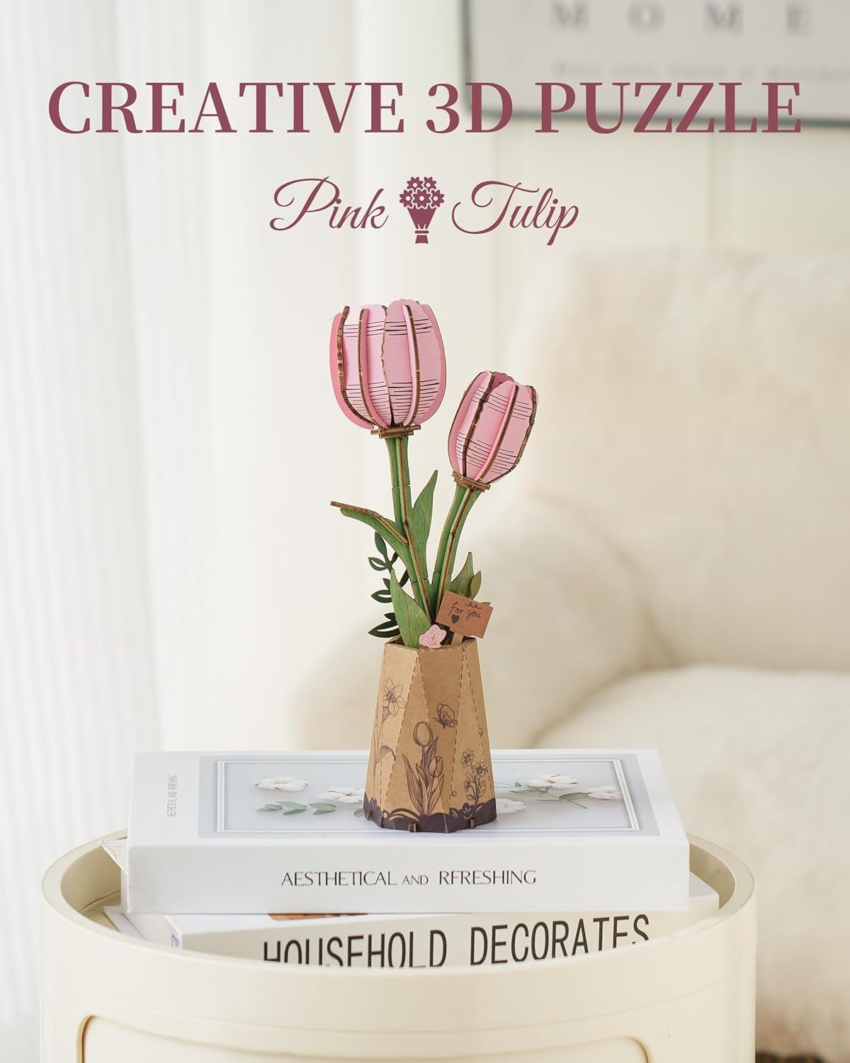 3D Pink Tulip Wooden Puzzle – Adjustable DIY Floral Decor Gift