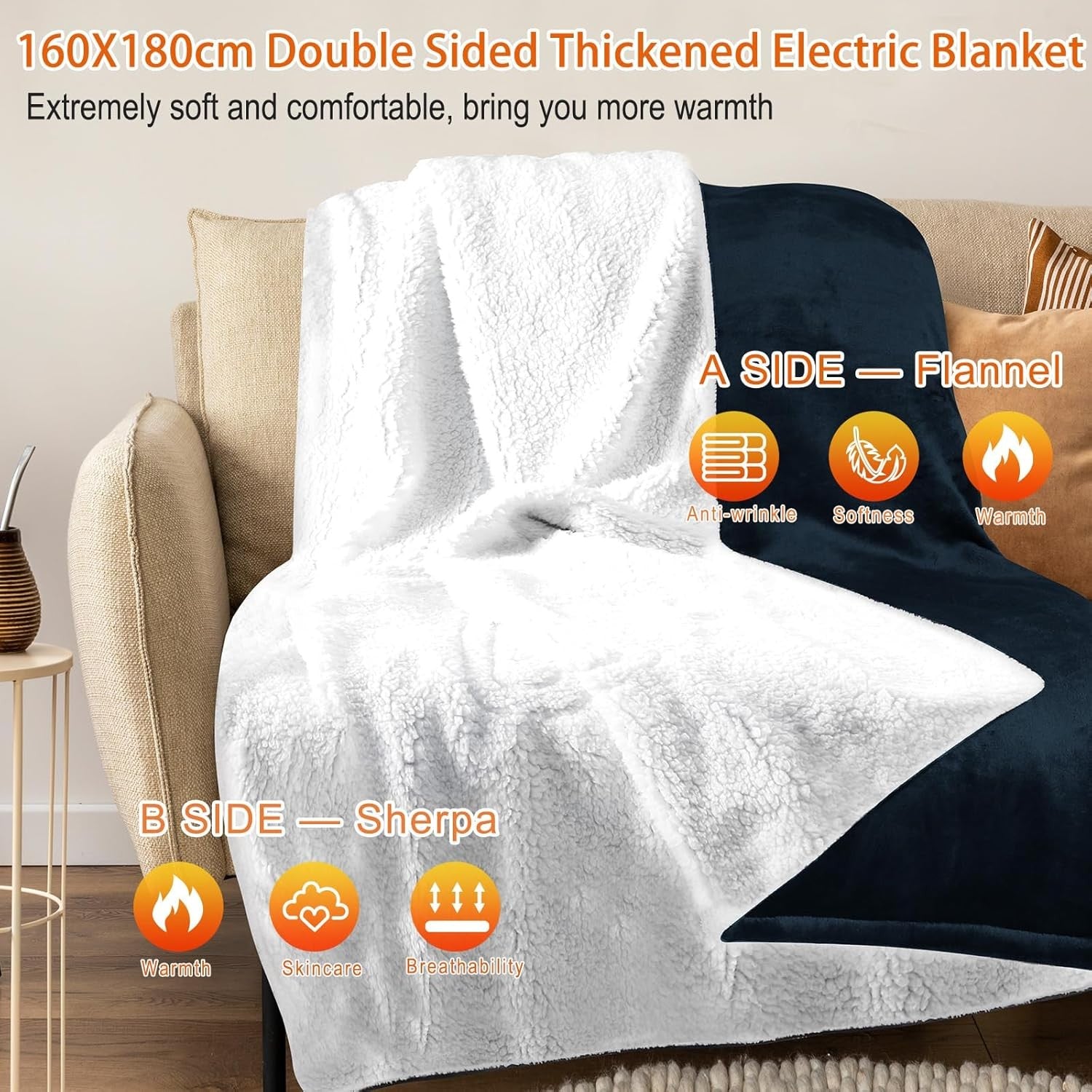 Electric Heated Throw Blanket 160x180cm Sherpa Fleece 6 Heat 9h Timer