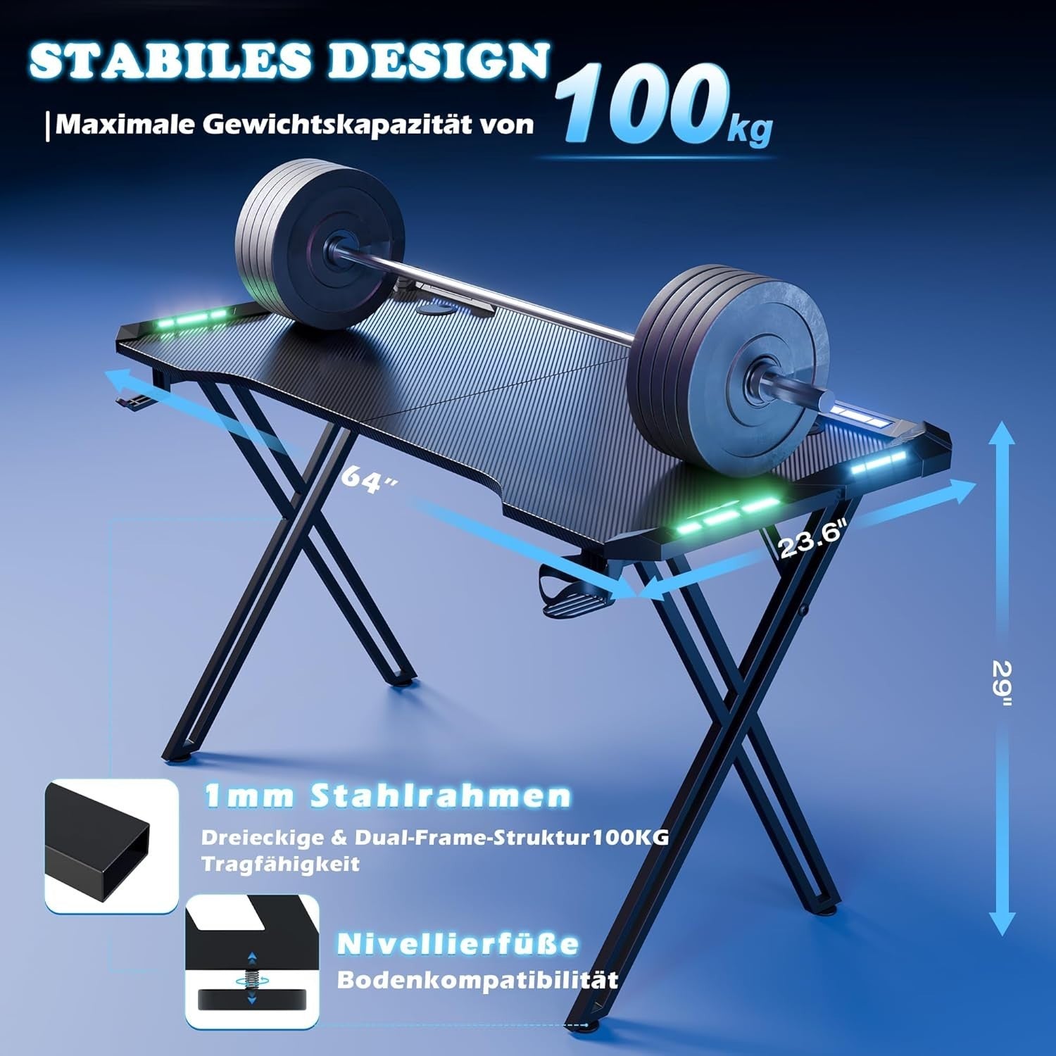 160cm RGB Gaming Desk with LED Lights, Cup Holder & Hook – Black X-Frame