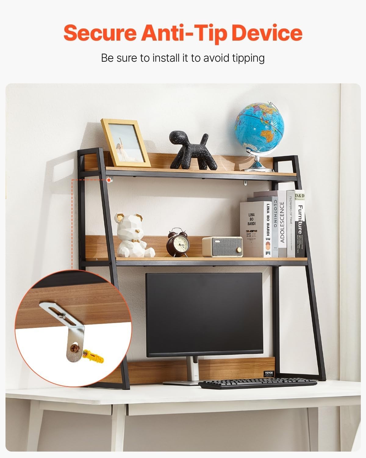 Wood-Color 2-Tier Desktop Bookshelf 95cm Desk Hutch Organiser for 32" Monitor