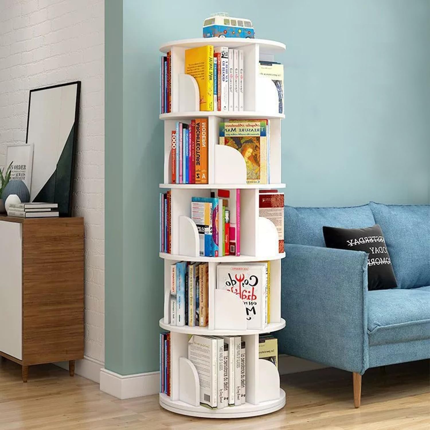360° Rotating 5-Tier White Bookshelf – Space Saving Swivel Bookcase