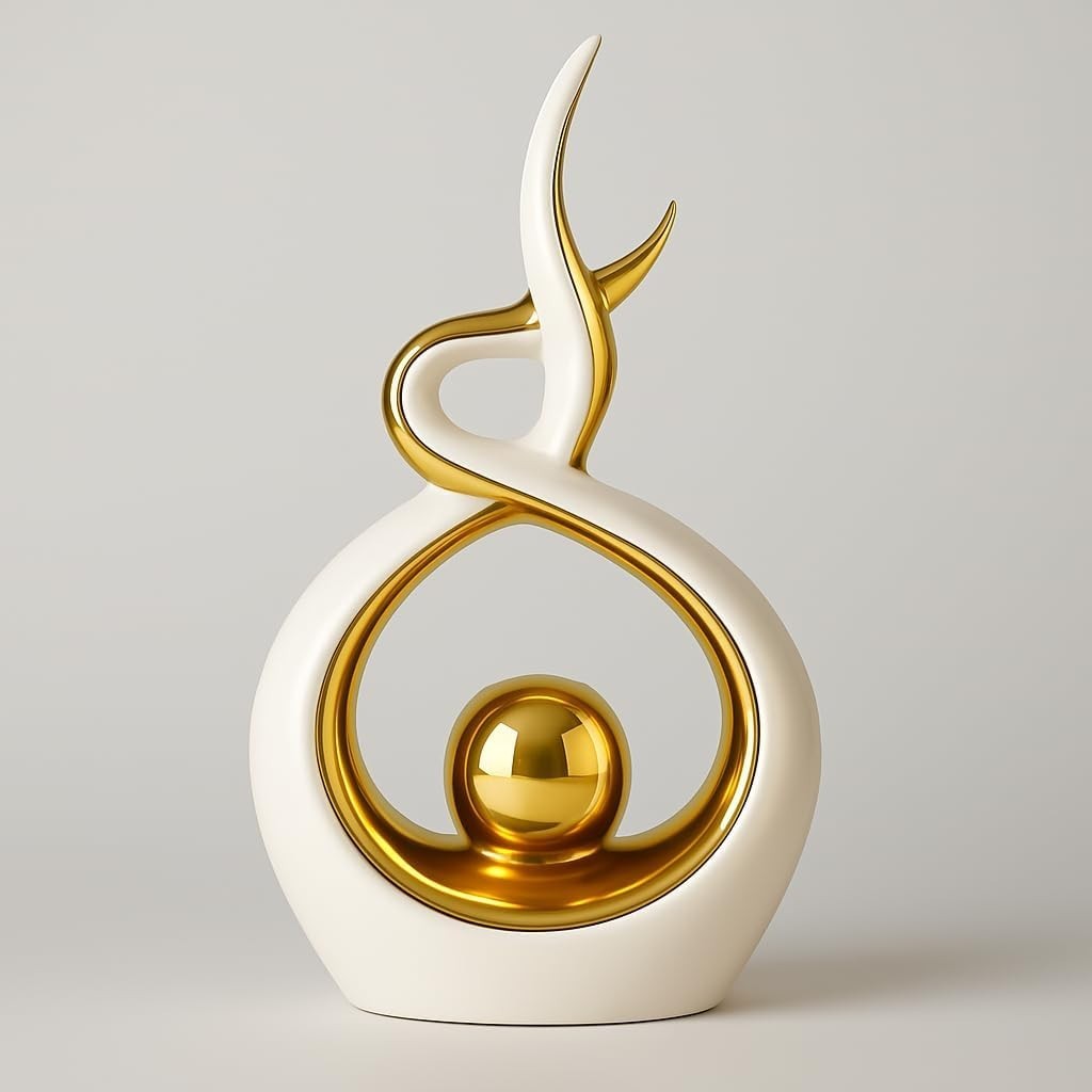 Modern Gold & White Ceramic Abstract Sculpture – Home Decor Ornament for Shelf