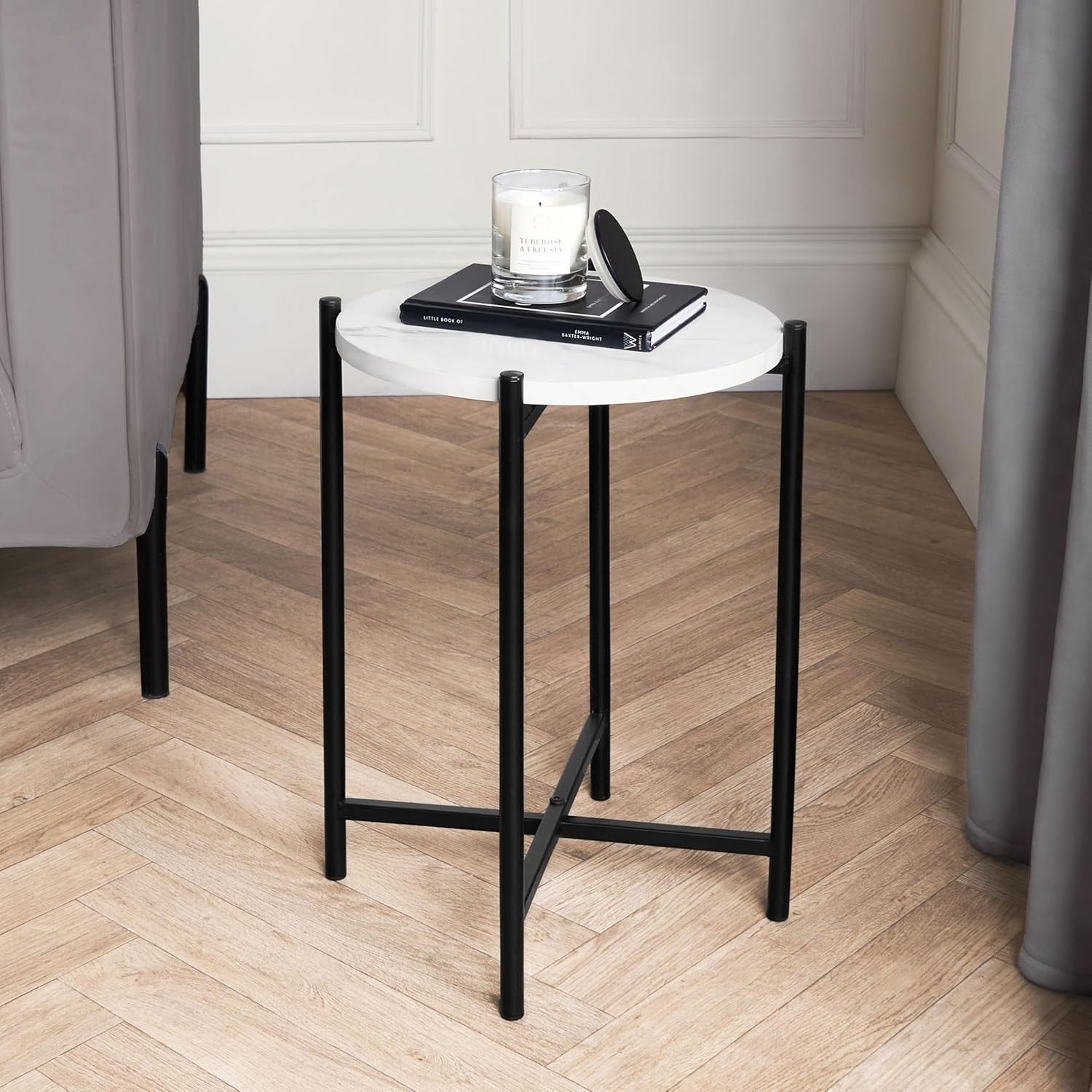 Round White Marble Top Side Table Small Coffee End Table for Living Room