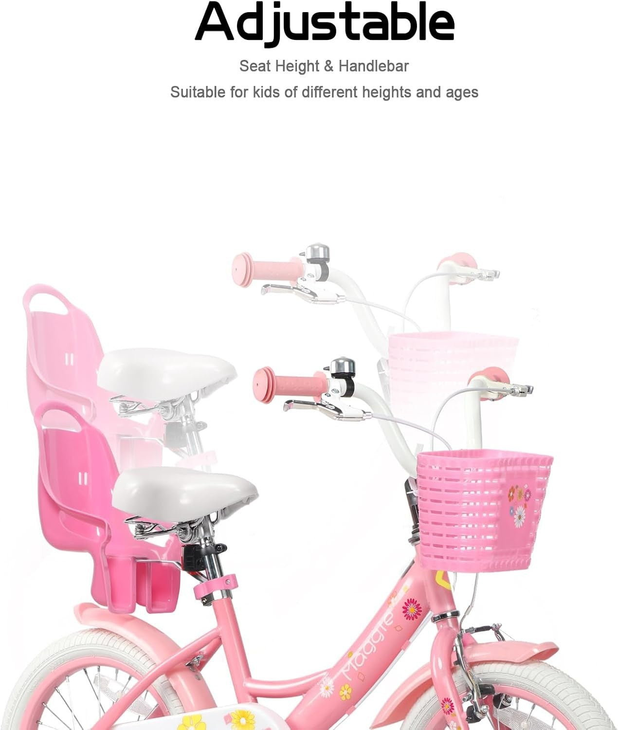 12 Inch Girls Bike Kids Bicycle Basket Doll Seat Stabilisers Pink White