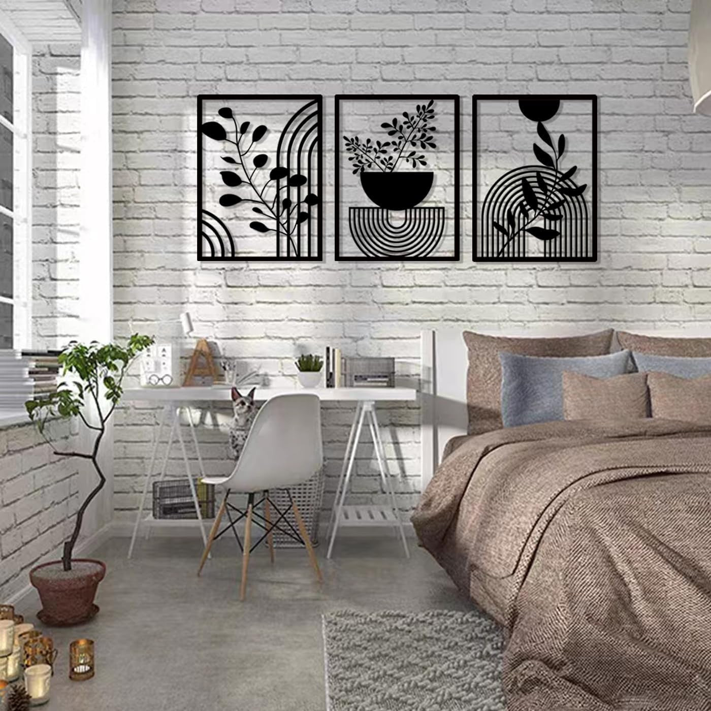 Black Metal Wall Art Set of 3 Geometric Boho Modern Panels