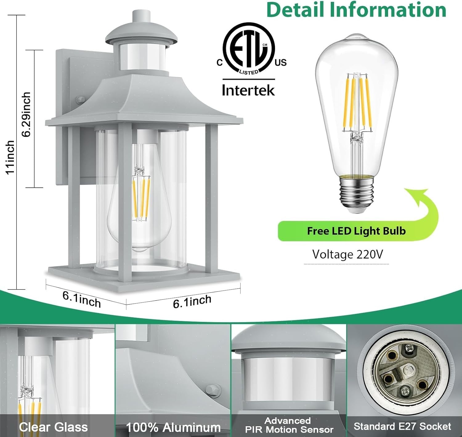 Outdoor Motion Sensor Wall Light Waterproof Aluminium Sconce with Bulb