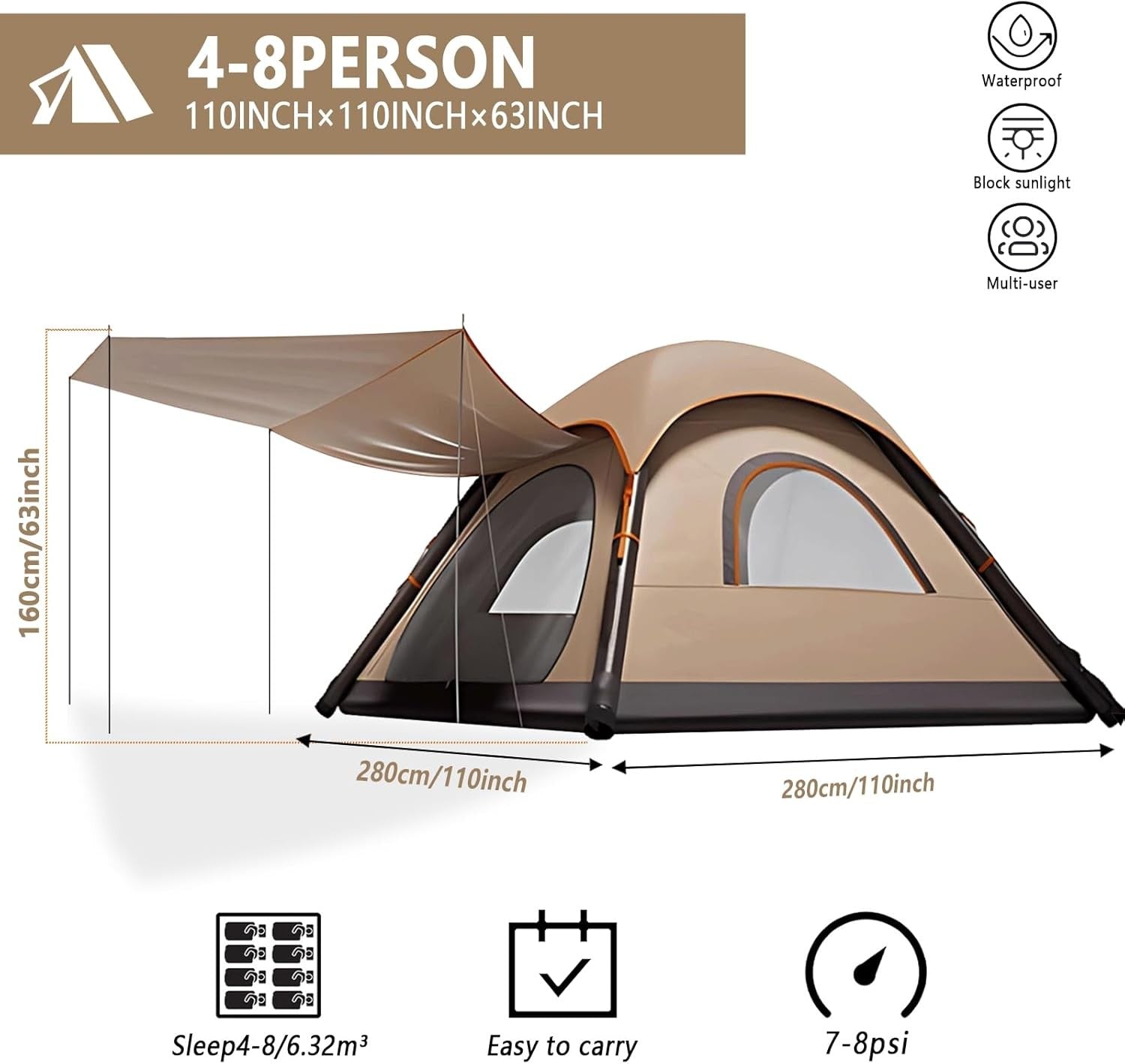 4-8 Person Inflatable Camping Tent Waterproof Pop Up Family