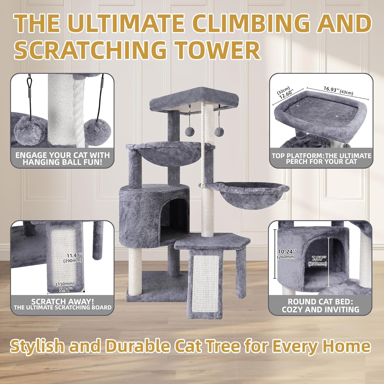 Cat Tree 95cm Climbing Tower Scratching Posts Condo Hammocks for Cats