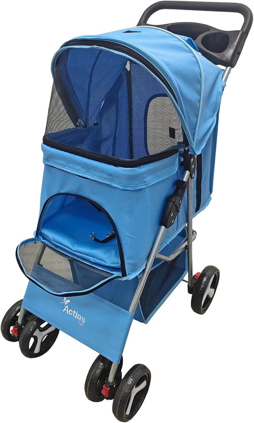 Pet Travel Stroller Dog Cat Pushchair Foldable Swivel Wheels 15kg Blue