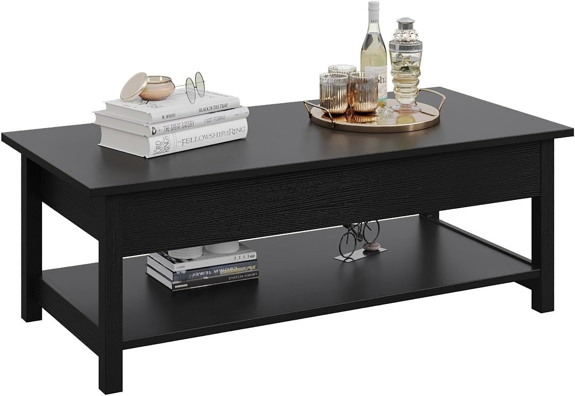 Lift-Up Top Coffee Table with Hidden Storage & Open Shelf, Black Wood