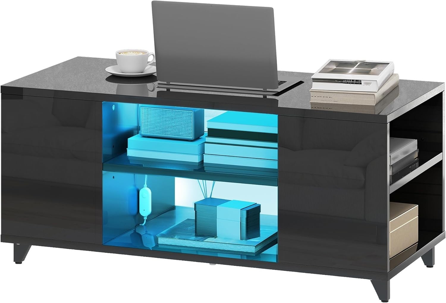 High Gloss Black Coffee Table with Storage & RGB LED Light, 97.5x48x45cm