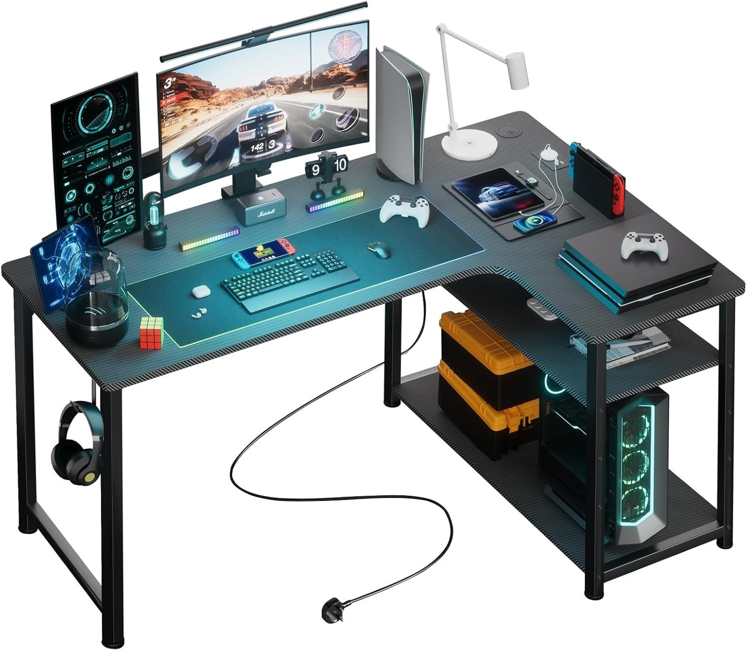 L Shaped Gaming Desk 110x80cm with USB Ports Shelves Hook Corner Office Table