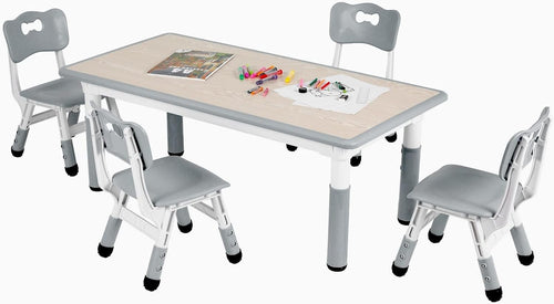 Kids Table and 4 Chairs Set Adjustable Height Study Play Dining Furniture Grey