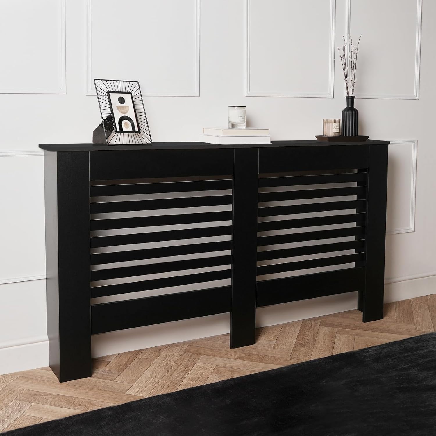 Large Black Radiator Cover MDF Slatted Cabinet – Modern Wooden Heater Shelf