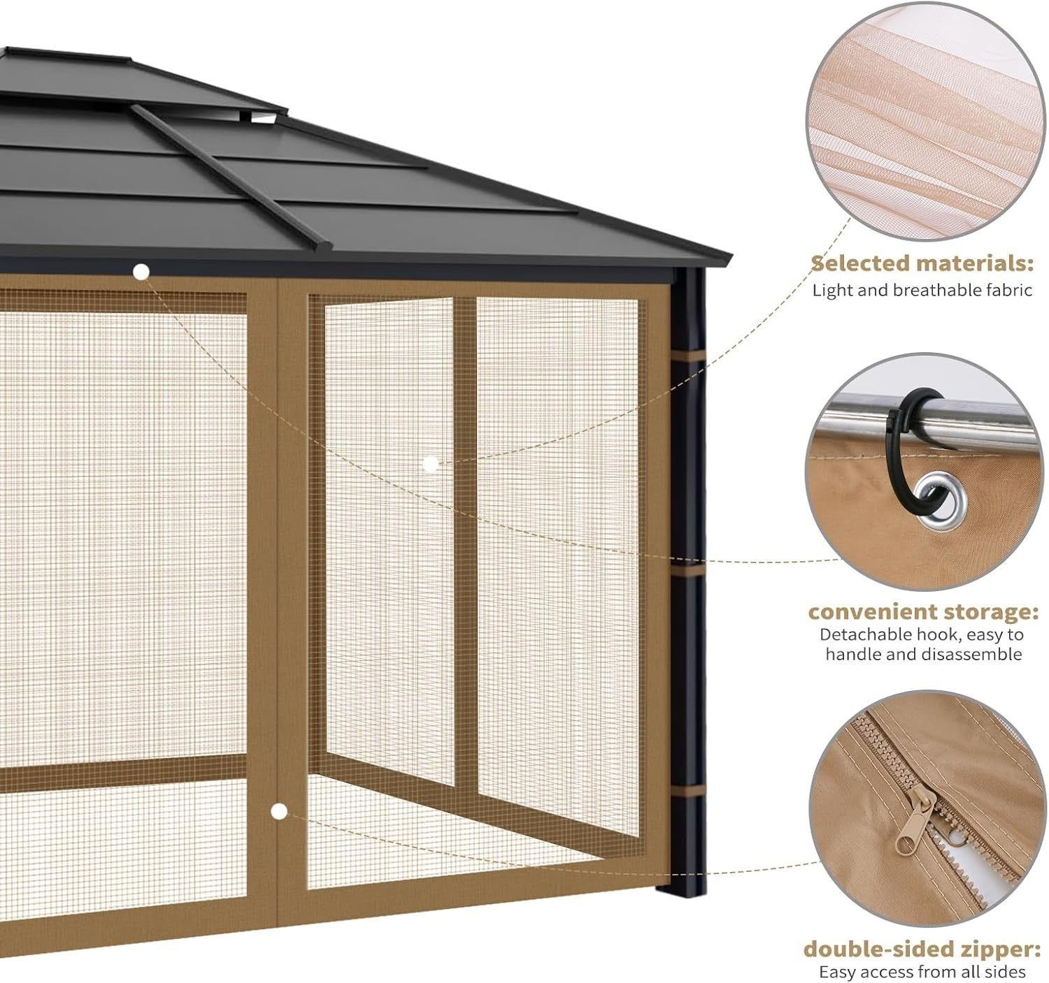 10x10ft Brown Gazebo Mosquito Netting 4 Panels Zipper Sidewalls Outdoor