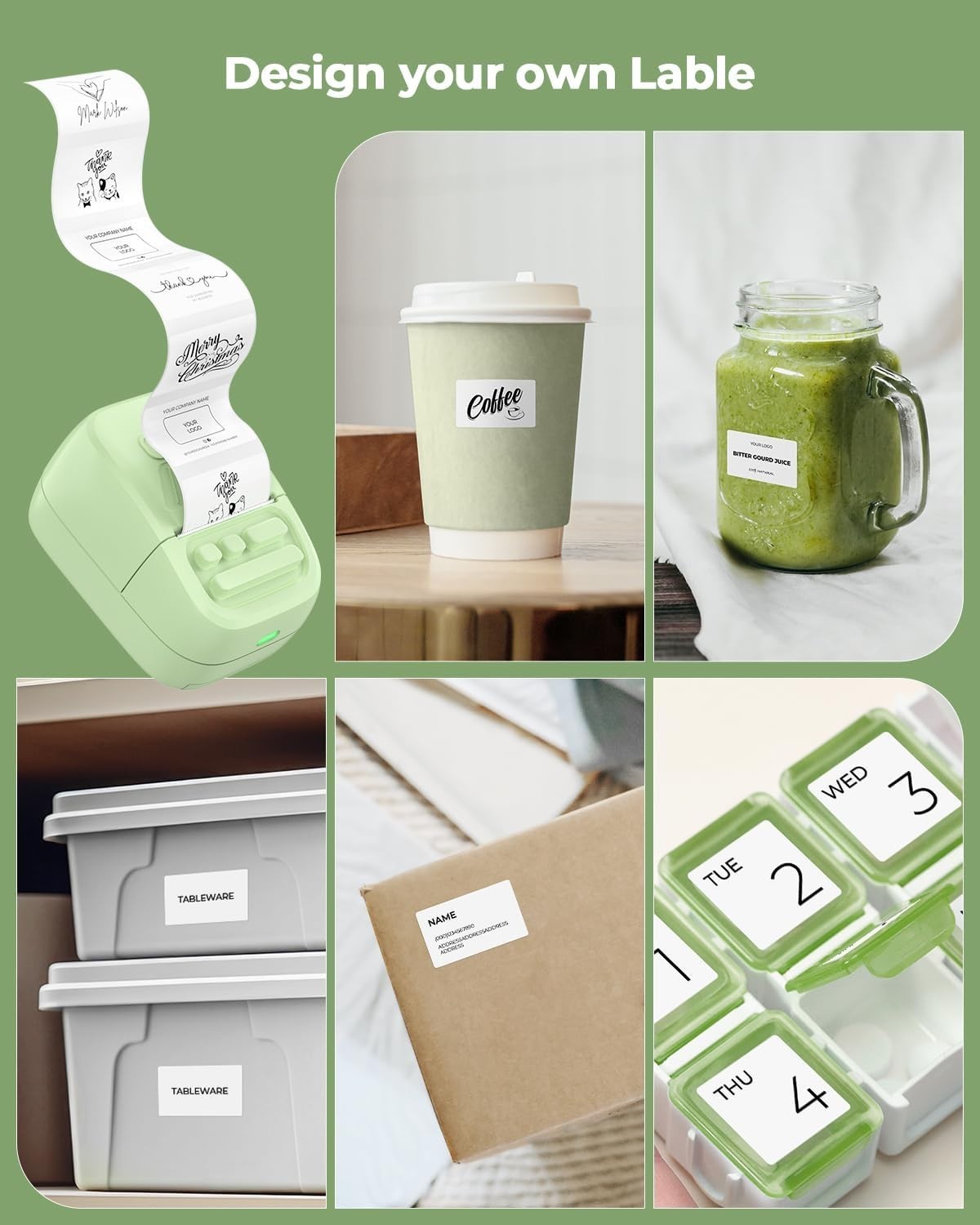 Green 2" Bluetooth Thermal Label Printer Portable for Home & Office